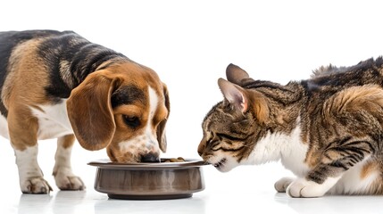 Cute dog and cat eating together from one bowl. Animal friendship and bond. Perfect for pet care....