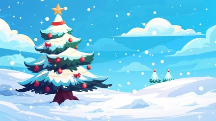 Winter christmas tree illustration, beautiful cartoon xmas tree modern, winter and christmas decoration
