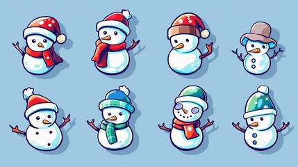 A set of hand drawn cartoon snowman stickers. This is a cute drawing winter element for a sticker or icon.