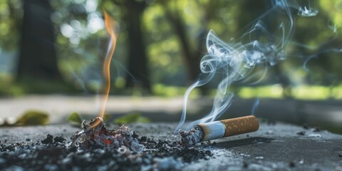 An ashy-tipped cigarette smoldering against a hazy background. Tobacco is addicting and unhealthy. Nicotine addiction can lead.