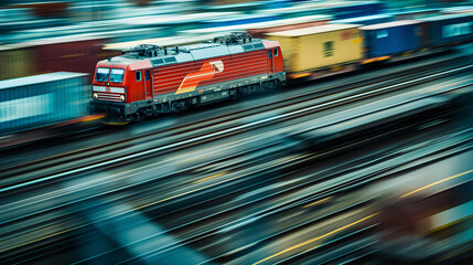 Train on track, numerous containers in view