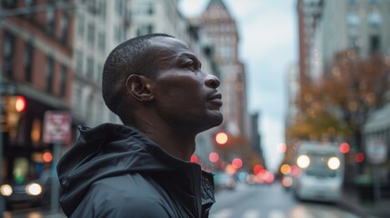Fototapeta premium A black man in the city trains for a marathon, race, or sport. In town, runner and man African athlete performing cardio for endurance, speed, and health.