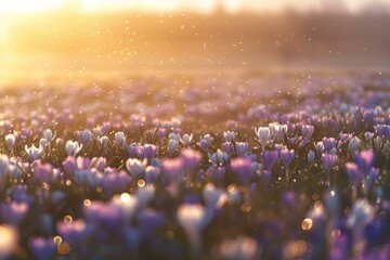 Serene field of wildflowers bathes in the warm, golden light of a sunlit dusk, with particles dancing in the air - Powered by Adobe