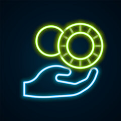 Glowing neon line Hand holding casino chips icon isolated on black background. Casino gambling. Colorful outline concept. Vector