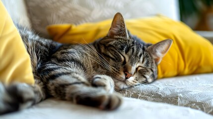 A cat is sleeping on the sofa, the light yellow pillow and white couch create an atmosphere of...