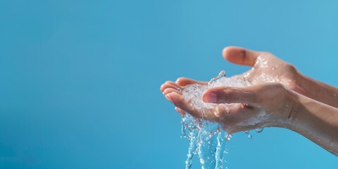 Fototapeta premium Wellness or skincare hydration with water, girl, or washing hands in studio on blue background. Healthcare mockup, body care zoom, or lady washing with liquid splash for cleanliness or bacteria
