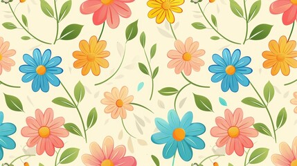 Daisies or camomile groovy modern pattern with country floral background. Suitable for surface design, wallpaper, wrapping paper, textiles, etc.