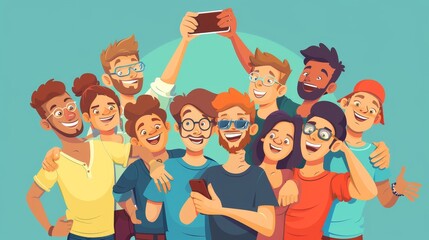 Friends sharing selfies on smartphone. Guy with smartphone and camera in hand makes group selfies. Cartoon illustration of smiling friends.
