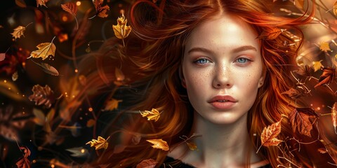 Red-Haired Woman Surrounded by Leaves