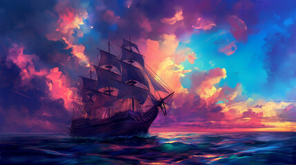 Obraz premium A large sail pirate ship sailing on the ocean, with a colorful illustration style and fantasy art style