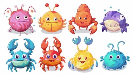 Cartoon faces with cute seafood collection. Modern illustration.