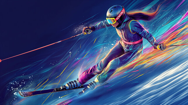 A skier girl moving fast in helmen and ski with vibrant multi colors art