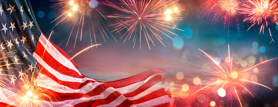 Independence Day - Usa Flag And Fireworks At Night - Abstract Bokeh Light Effects 
