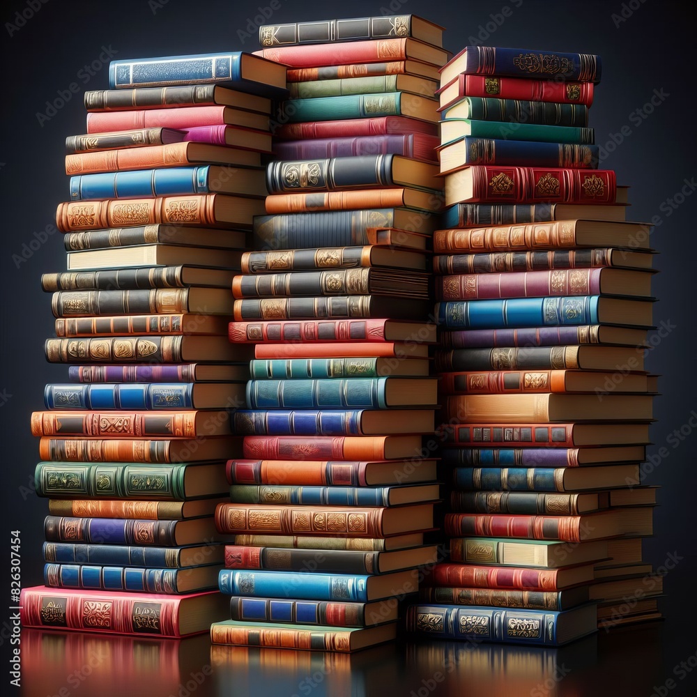 Poster stylized image of a towering stack of colorful books, representing knowledge, education, and the wor