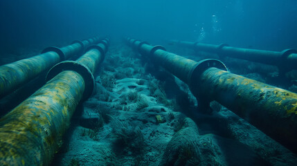 Submarine cables on ocean floor for high-speed internet connectivity.