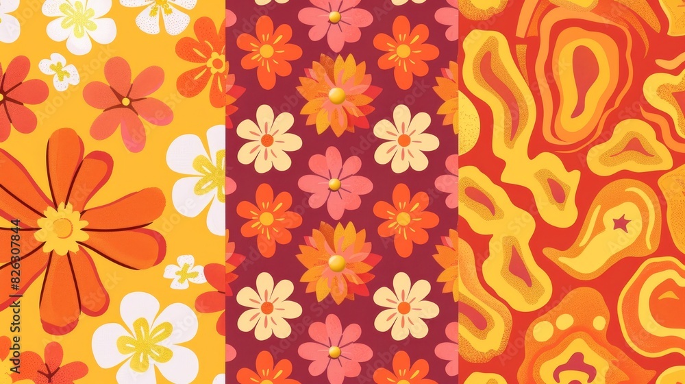 Poster a retro groovy set of backgrounds in the style of the 1960's and 1970's. flower power. good vibes on