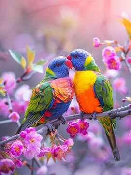Two vibrant rainbow lorikeets perched on a branch amidst pink blossoms, displaying colorful plumage with hues of blue, green, yellow, and orange, set against a softly blurred background.