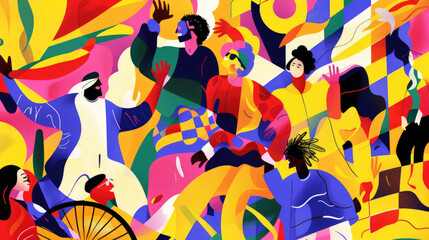 A painting showing a diverse group of people gathered around a bicycle, interacting and engaging in various activities