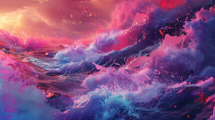 Colorful, surreal waves crashing in a fantasy seascape.