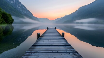 A long wooden pier extends into the calm lake, surrounded by misty mountains and lush greenery at sunrise.
