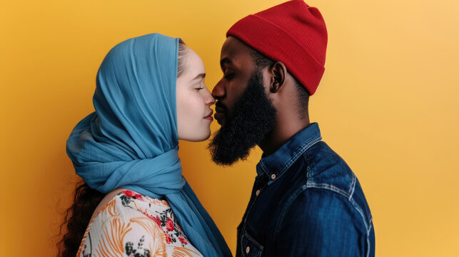 A man and woman face each other closely, the woman in a blue hijab and patterned shirt, the man in a red beanie and denim shirt, against a yellow background