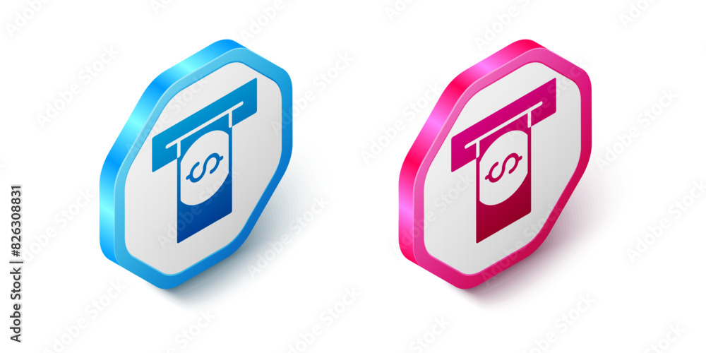 Poster isometric atm - automated teller machine and money icon isolated on white background. hexagon button