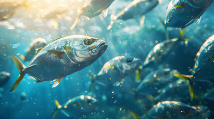 High Resolution Photo Realistic Image of Marine Research on Sustainable Seafood with Eco Friendly Fishing Practices Highlighted in Glossy Scientific Backdrop