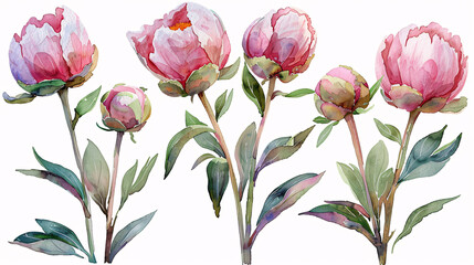 Obraz premium Modern watercolor drawings of garden-inspired flowers and foliage, ideal for celebration and event designs, isolated on white background