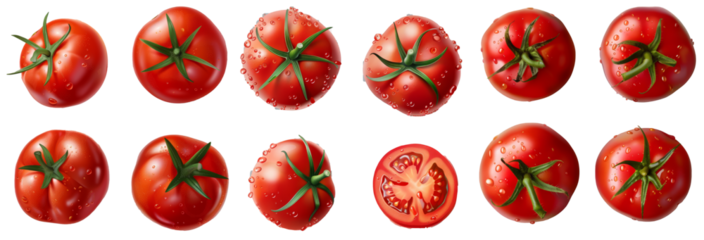 4 tomato varieties isolated over a transparent background, organic natural vegetable design elements, top view / flat lay