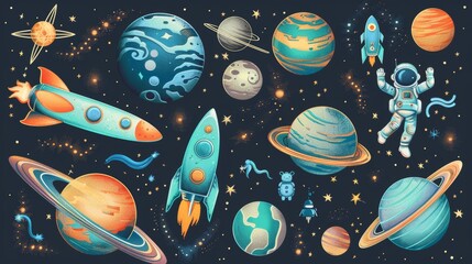 Set of isolated space objects. Planets, UFOs, astronauts and rockets. Modern illustration for kids.