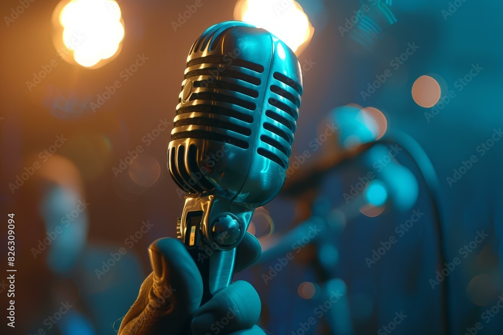 Poster closeup of a classic microphone in a moody stage setting with colorful bokeh