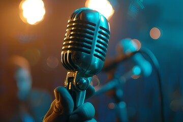 Closeup of a classic microphone in a moody stage setting with colorful bokeh