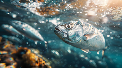 Photo realistic ocean conservation efforts for sustainable seafood   High resolution image highlighting marine ecosystem protection
