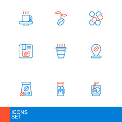 Set line Espresso tonic coffee, Electric grinder, Bag beans, Location with, Coffee cup go, Sugar cubes and icon. Vector