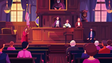 Legal defense, public hearing, and criminal procedure in a court room or tribunal. Cartoon, colorful modern illustration illustration of an advocate or barrister giving a speech.