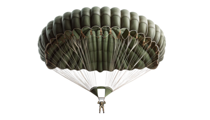 Military parachute isolated on a white background. The parachute features a large, durable canopy with suspension lines, harness, and rigging. 