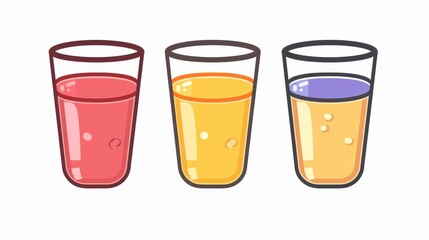 An icon set representing a full, half, and empty soda glass in flat design on a white background.