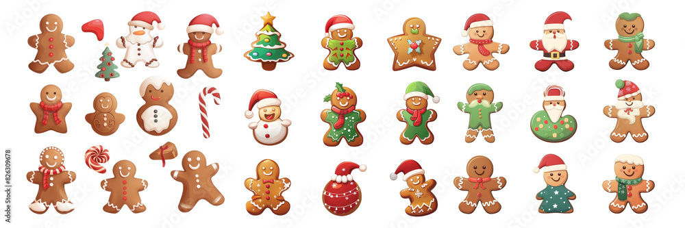 Poster set of different characters and holiday items made from gingerbread cookies on a white background, i
