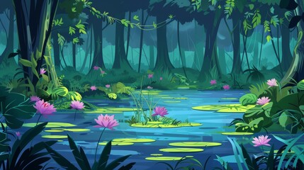 In a swamp of tropical forest, there is bog grass, water lilies, trees, and a river. Modern cartoon illustration of a wild jungle, rain forest, river, lake, and swamp.