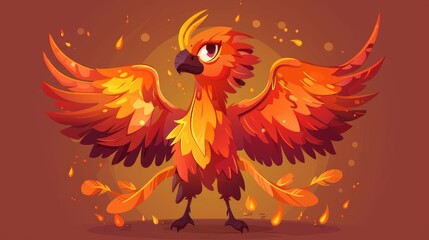 Symbol of immortality and rebirth from ashes, Phoenix or fenix fire bird cartoon character. Fantasy magic creature with red burning plumage and steaming wings.