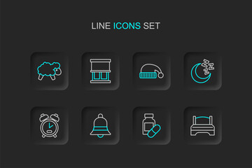 Set line Big bed, Sleeping pill, Ringing bell, Alarm clock, Moon and stars, hat, Window with curtains and Sheep icon. Vector