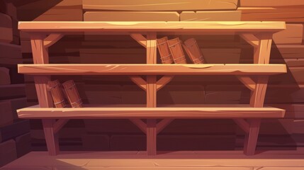 Wooden brown shelves with no contents. Cartoon illustration in modern format