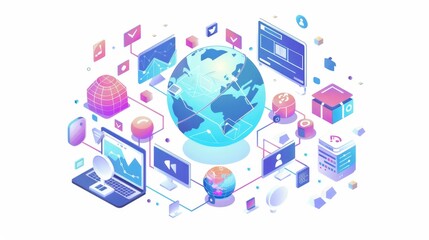 World wide network technology on white background with icons. World wide web or social media icon. Isometric cartoon modern illustration.