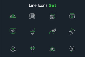 Set line Clover trefoil leaf, Medal with clover, Celtic cross, Leprechaun hat, Smoking pipe, Rainbow cloud, and icon. Vector