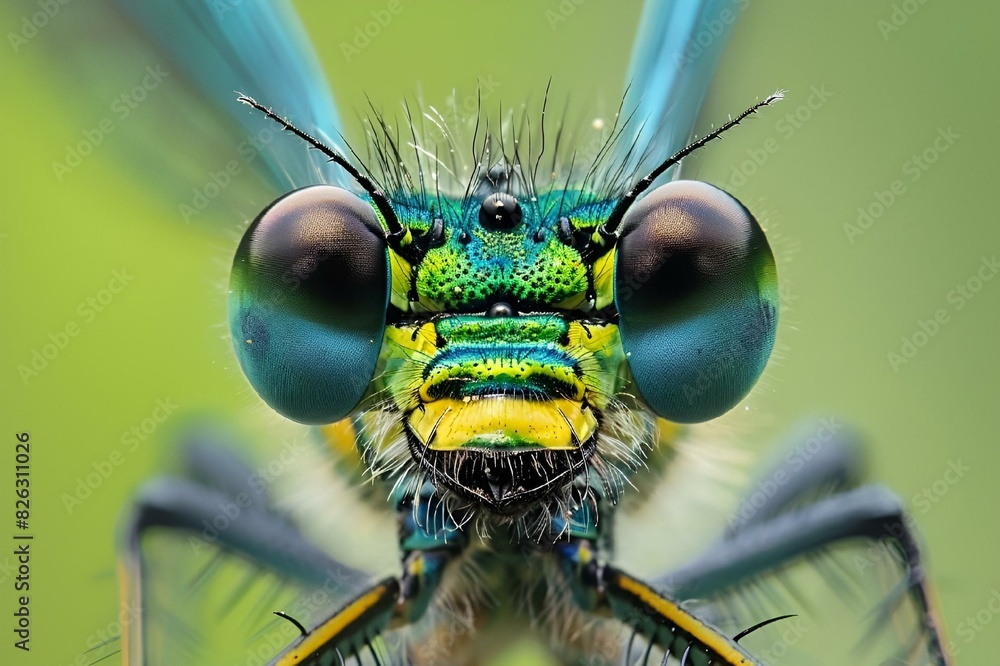 Wall mural AI generated illustration of a close-up of a blue dragonfly looking at the camera