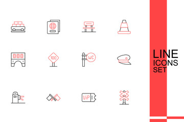 Set line Railroad crossing, Train ticket, Flag, Turnstile, driver hat, Toilet, Speed limit traffic sign 100 km and Bridge for train icon. Vector