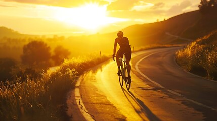 Fototapeta premium Cyclist riding on a winding road at sunset.