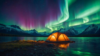 A glowing tent by a calm tranquil lake with the beautiful northern lights dancing in the sky