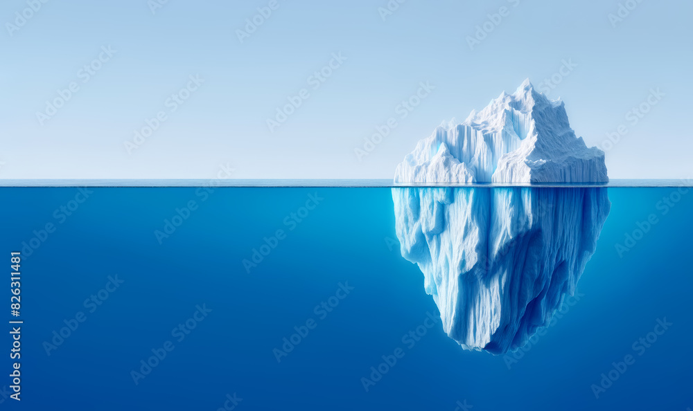 Poster an iceberg visible above and below water on a clear blue background, illustrating the concept of hid