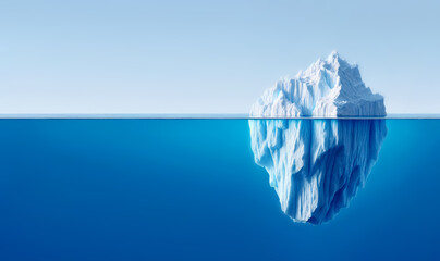 An iceberg visible above and below water on a clear blue background, illustrating the concept of hidden depth. Generative AI